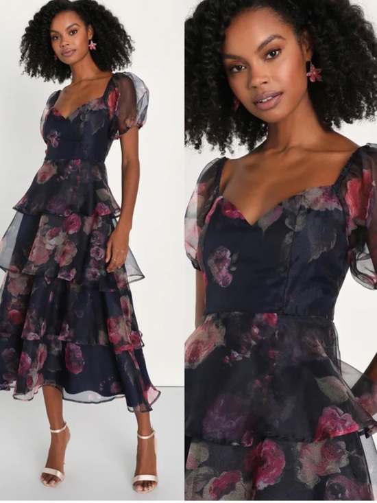 Lulus Dresses & Skirts - BNWT Lulus Oh-So Stunning Navy Blue Floral Organza Tiered Midi Dress